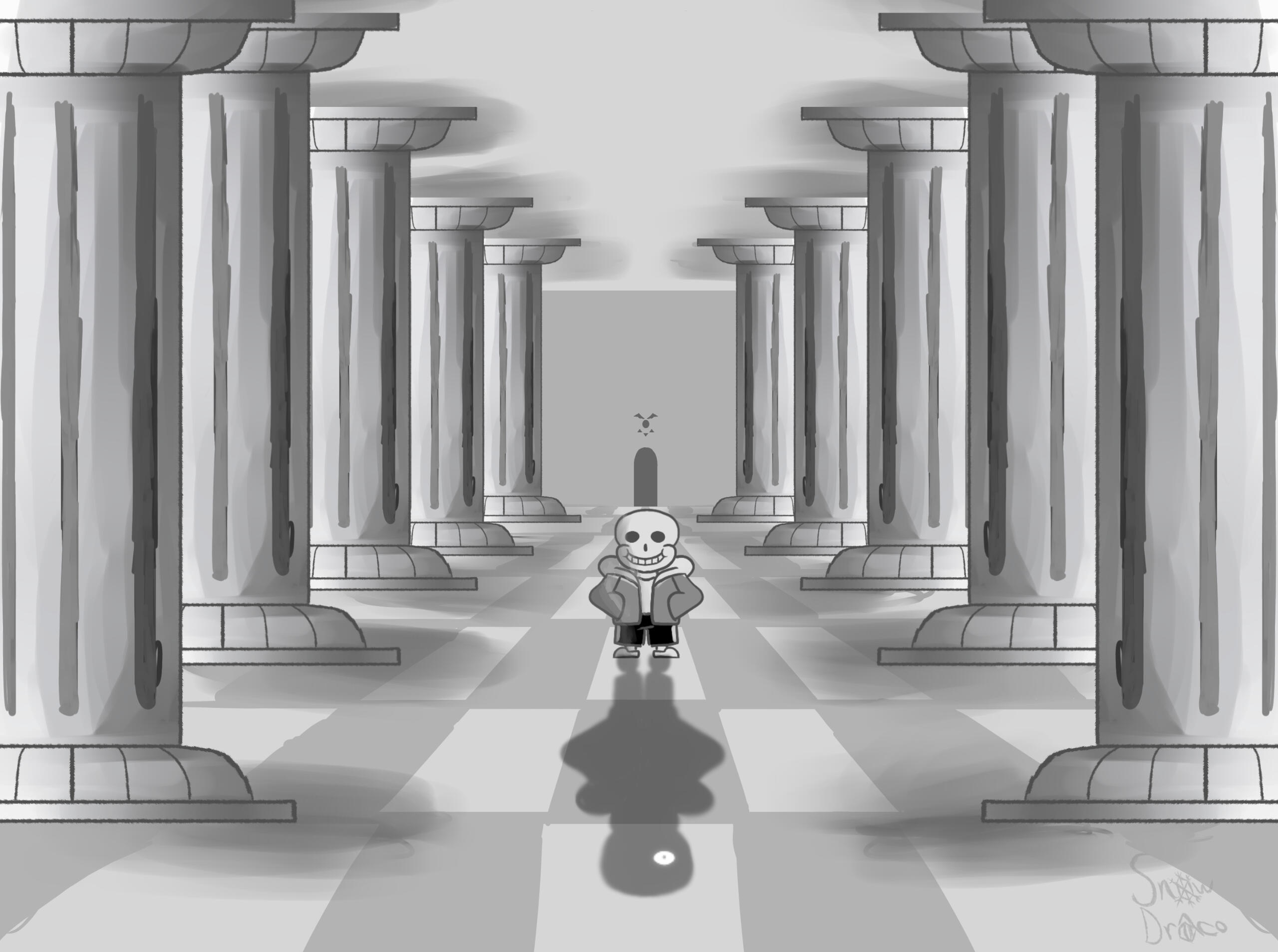 Grayscale one point perspective art I made of Sans from Undertale in the Judgement Hall from said game.